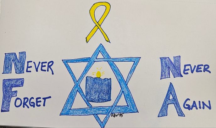 Art: colored pencil & marker
Yellow ribbon above a blue Star of David with a lit candle in the center of it with the words: Never Forget (on the left) and Never Again (on the right)